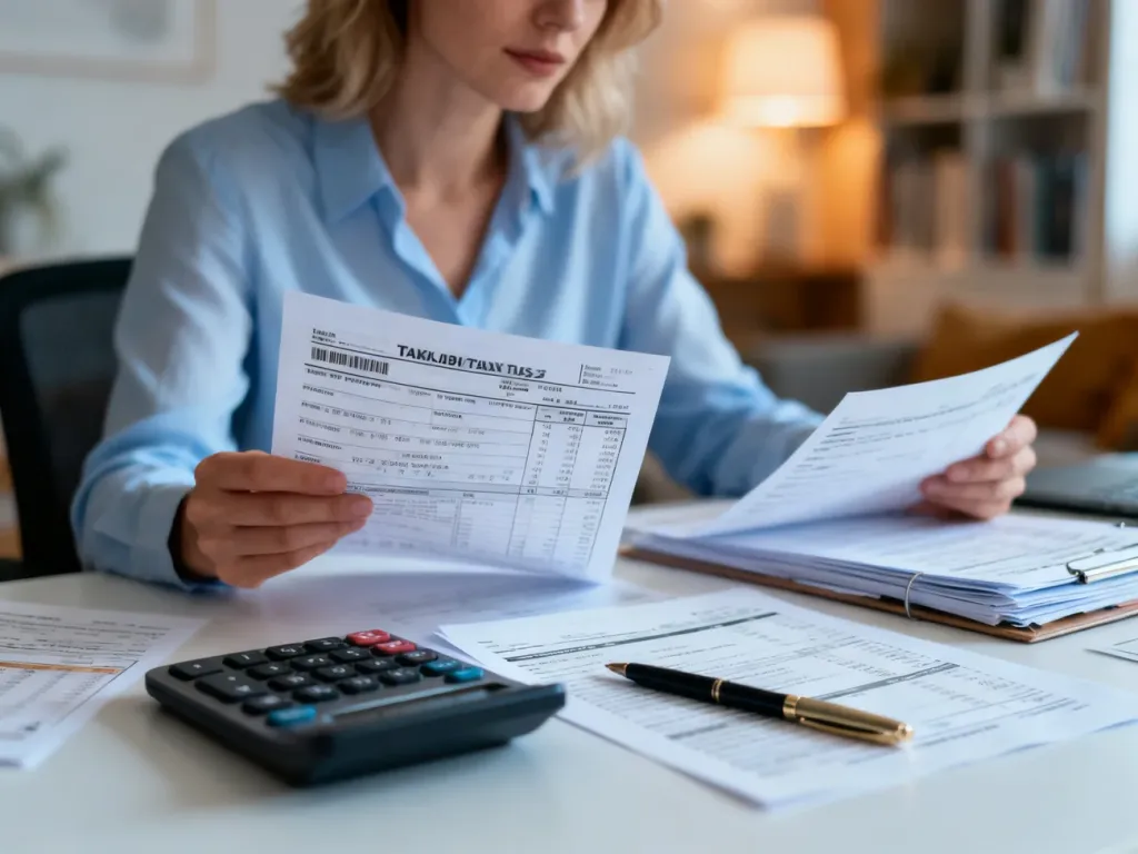 Kobieta przy biurku analizuje dokumenty finansowe i formularze podatkowe w domowym biurze.