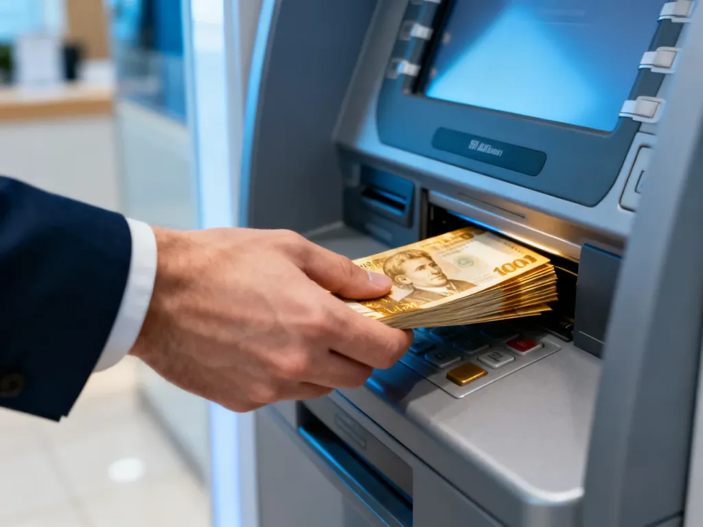 Dłoń wkładająca plik banknotów do szczeliny nowoczesnego wpłatomatu w banku.