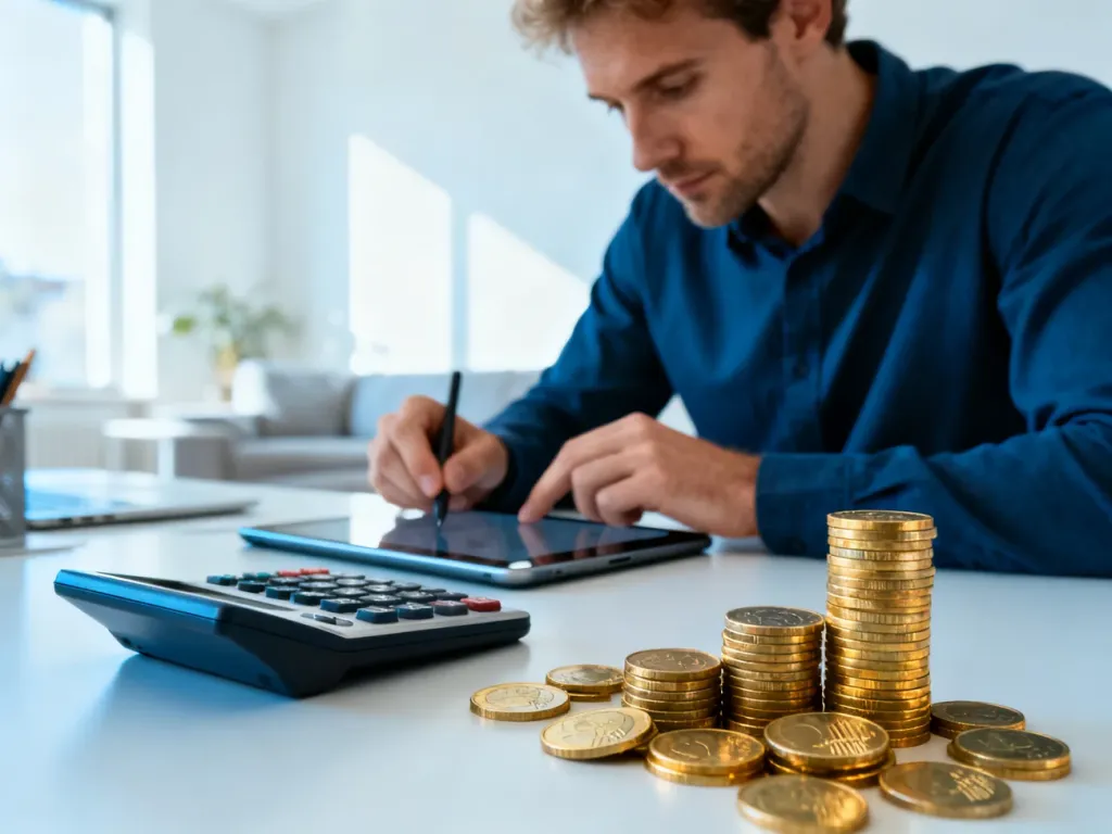 Mężczyzna przy biurku oblicza finanse na tablecie obok stosu monet euro i kalkulatora, co ilustruje przeliczanie zarobków.