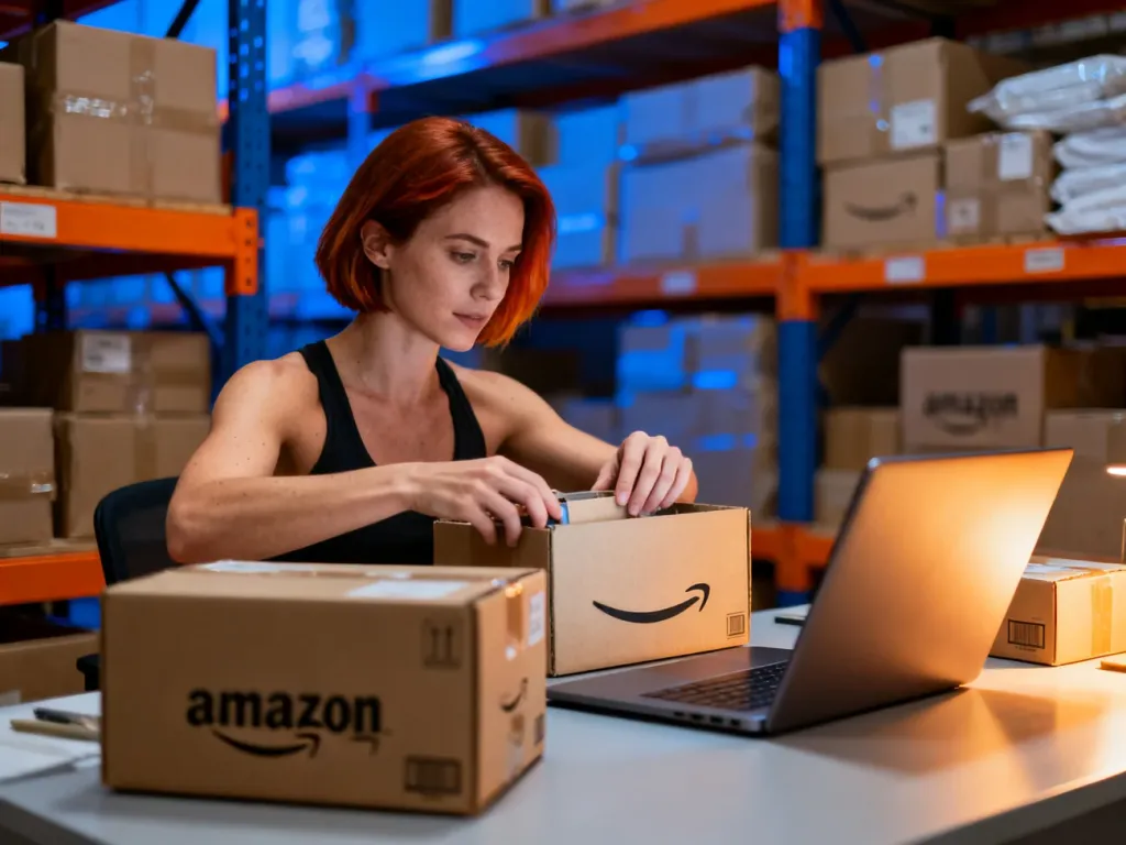 Skupiona przedsiębiorczyni przygotowująca paczki do wysyłki w magazynie, symbolizująca profesjonalną sprzedaż na Amazon.