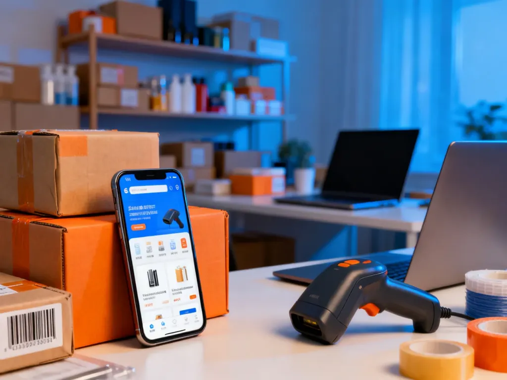 Smartfon z aplikacją sprzedażową obok paczek i akcesoriów wysyłkowych w domowym biurze przygotowanym do sprzedaży online.