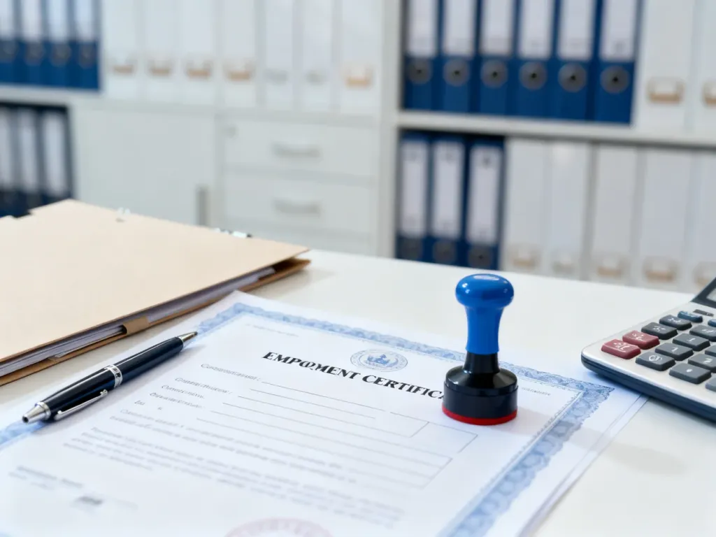 Wypełniony dokument świadectwa pracy leżący na biurku obok przyborów biurowych w nowoczesnym biurze.