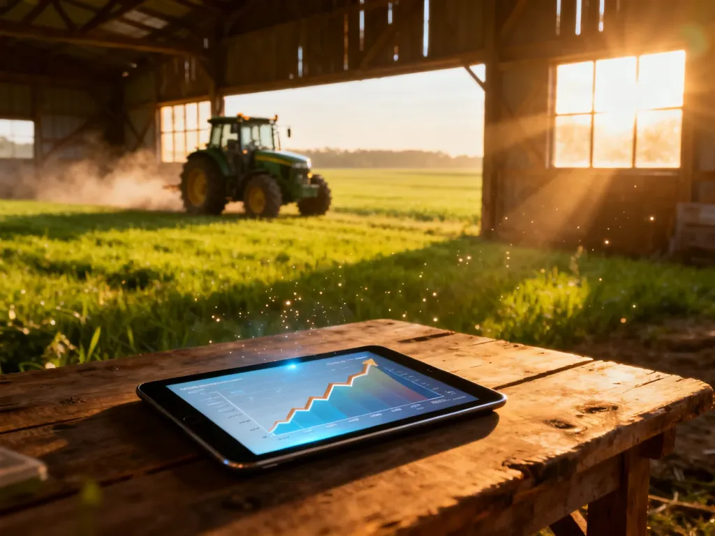 Nowoczesny tablet z wykresem finansowym na tle pola uprawnego, symbolizujący możliwości dotacji dla rolników.