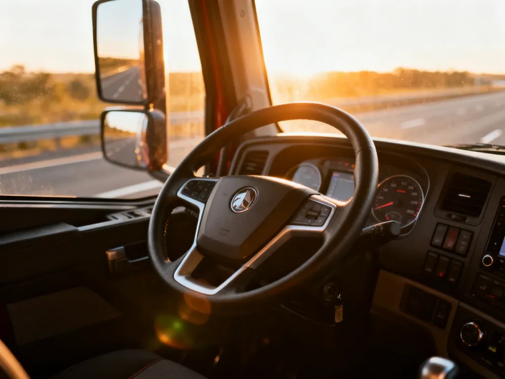 Wnętrze kabiny nowoczesnej ciężarówki z widokiem na słoneczną autostradę, symbolizujące pracę zawodowego kierowcy.