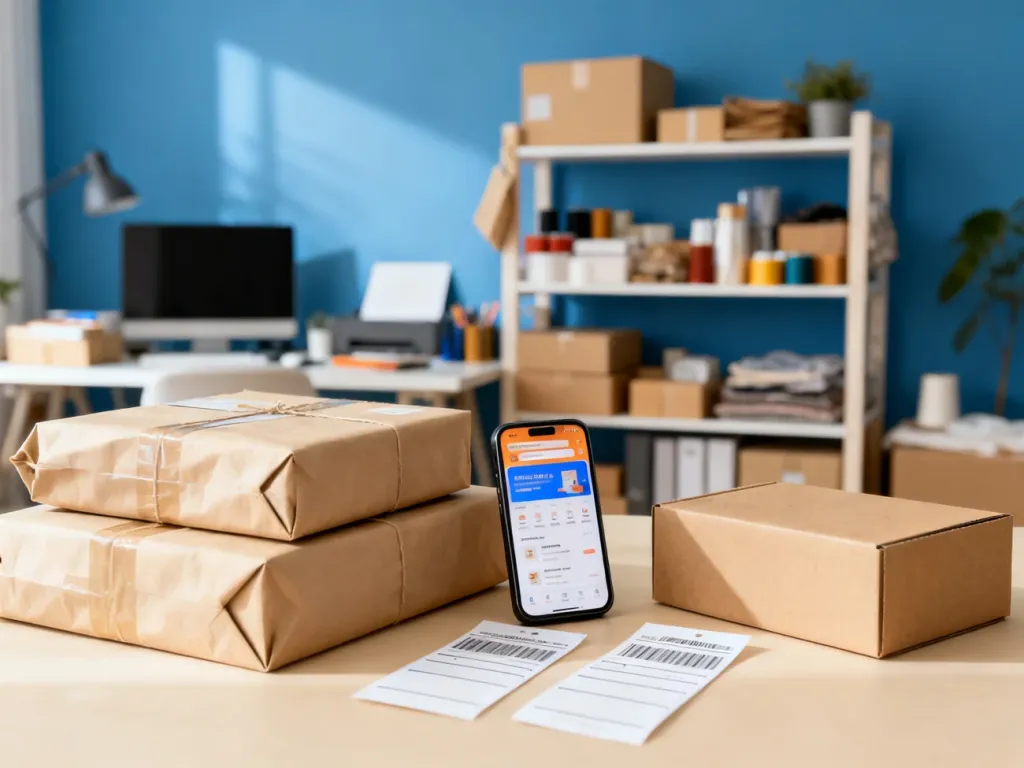 Zorganizowane stanowisko pracy sprzedawcy eBay z zapakowanymi paczkami, smartfonem i materiałami do wysyłki.