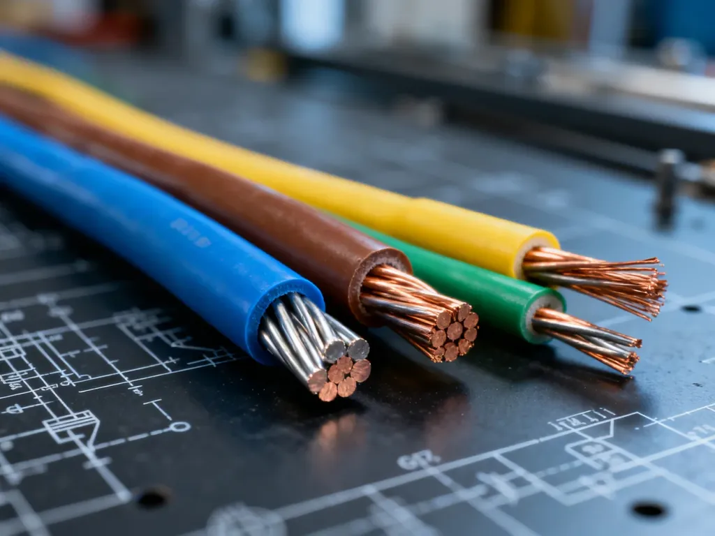 Zbliżenie na przekroje miedzianych przewodów elektrycznych o różnej izolacji, leżących na technicznym schemacie.