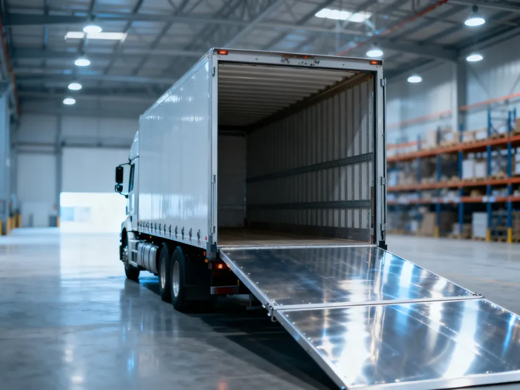 Pusta naczepa ciężarówki wewnątrz nowoczesnego magazynu logistycznego, ukazująca przestronność i konstrukcję pojazdu.