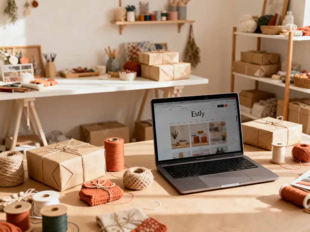 Stanowisko pracy z rękodziełem, materiałami do pakowania i laptopem, symbolizujące prowadzenie sklepu na Etsy w domu.