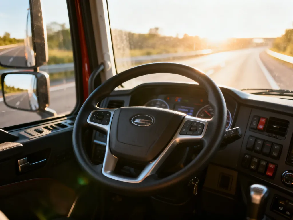 Wnętrze nowoczesnej ciężarówki z widokiem na słoneczną autostradę przez przednią szybę.