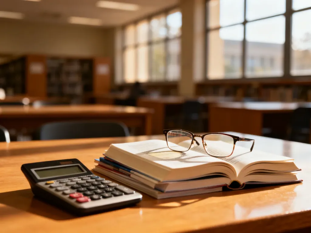 Stos książek, kalkulator i okulary na biurku w tle uniwersyteckiej biblioteki, symbolizujące naukę i przygotowanie do studiów.