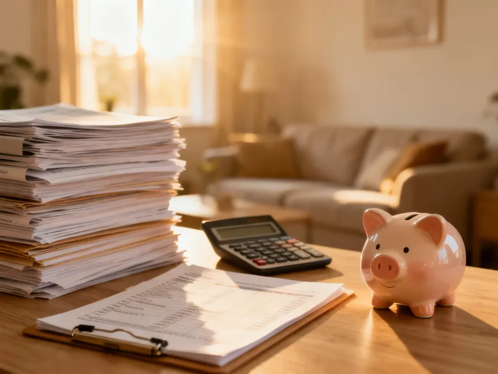 Biurko z dokumentami finansowymi, kalkulatorem i skarbonką w słonecznym, przytulnym wnętrzu domu.