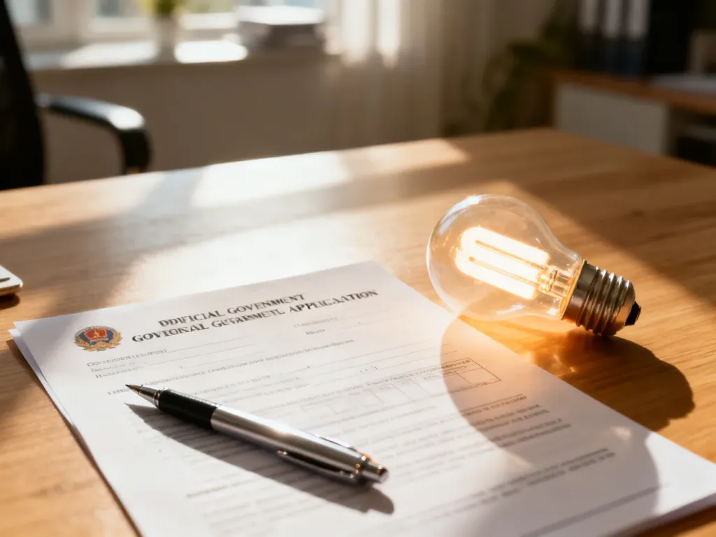 Wniosek o dofinansowanie do prądu leżący na biurku obok długopisu i żarówki LED symbolizującej oszczędność energii.