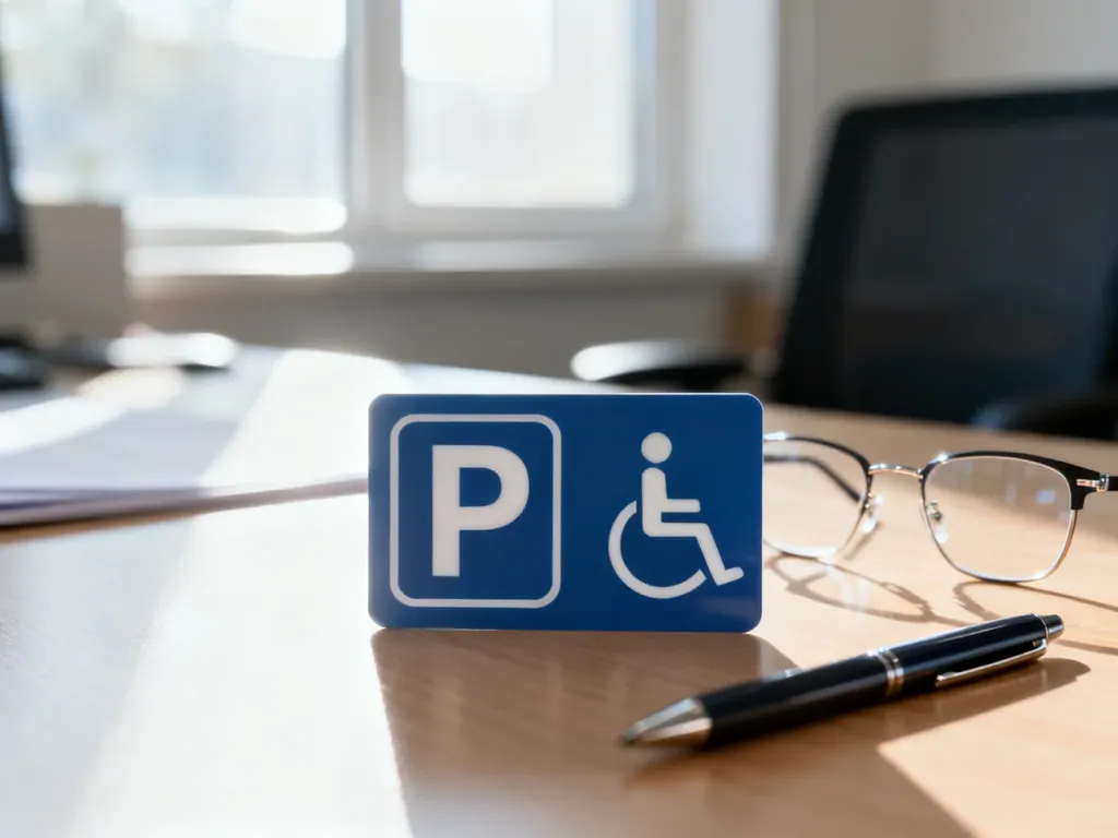 Karta parkingowa dla osób z niepełnosprawnością leżąca na biurku obok okularów i długopisu w jasnym, biurowym wnętrzu.