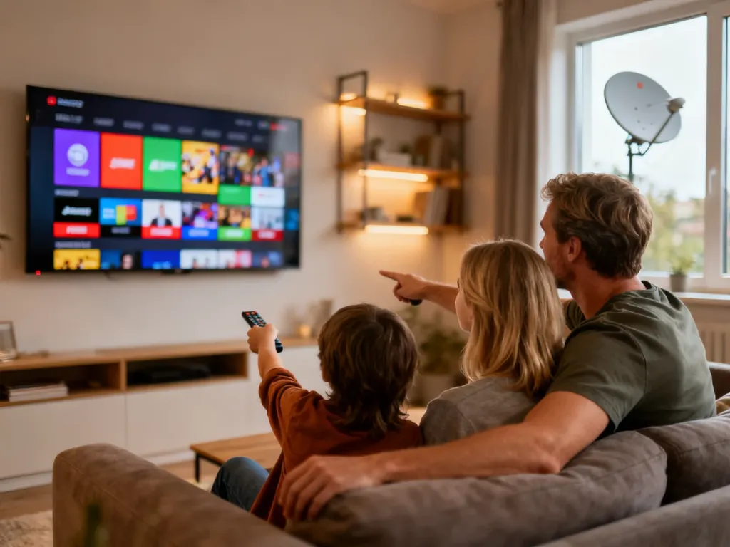 Rodzina na kanapie wybiera kanał na dużym telewizorze satelitarnym w przytulnym salonie, no text on the picture