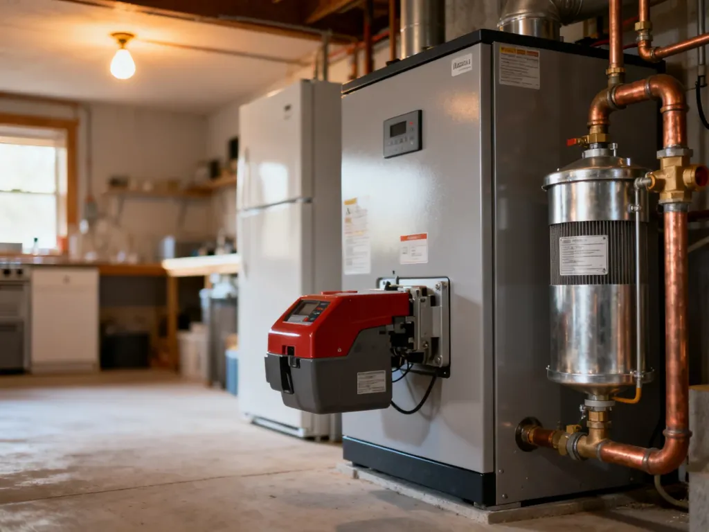 Nowoczesny kocioł olejowy w zadbanej kotłowni z widocznym systemem filtrów i miedzianych rur.