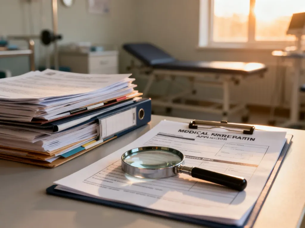 Uporządkowane dokumenty, formularze medyczne i lupa na biurku, przygotowane do złożenia wniosku o dofinansowanie rehabilitacji.