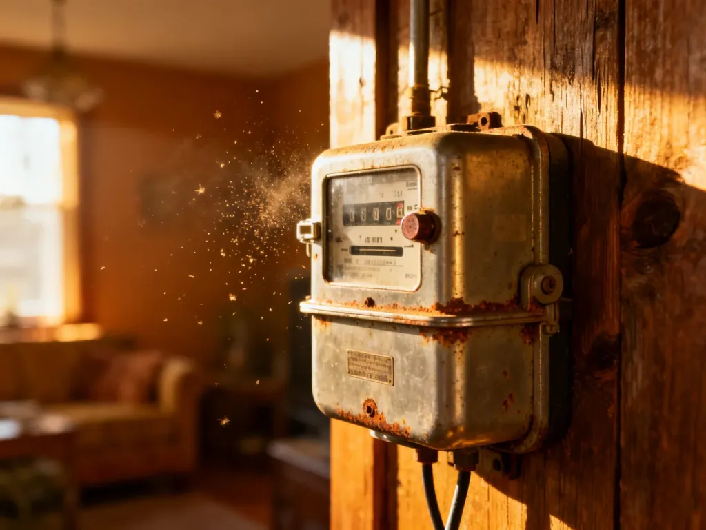 Stary licznik energii elektrycznej na drewnianej ścianie, symbolizujący domowe zużycie prądu i koszty energii.