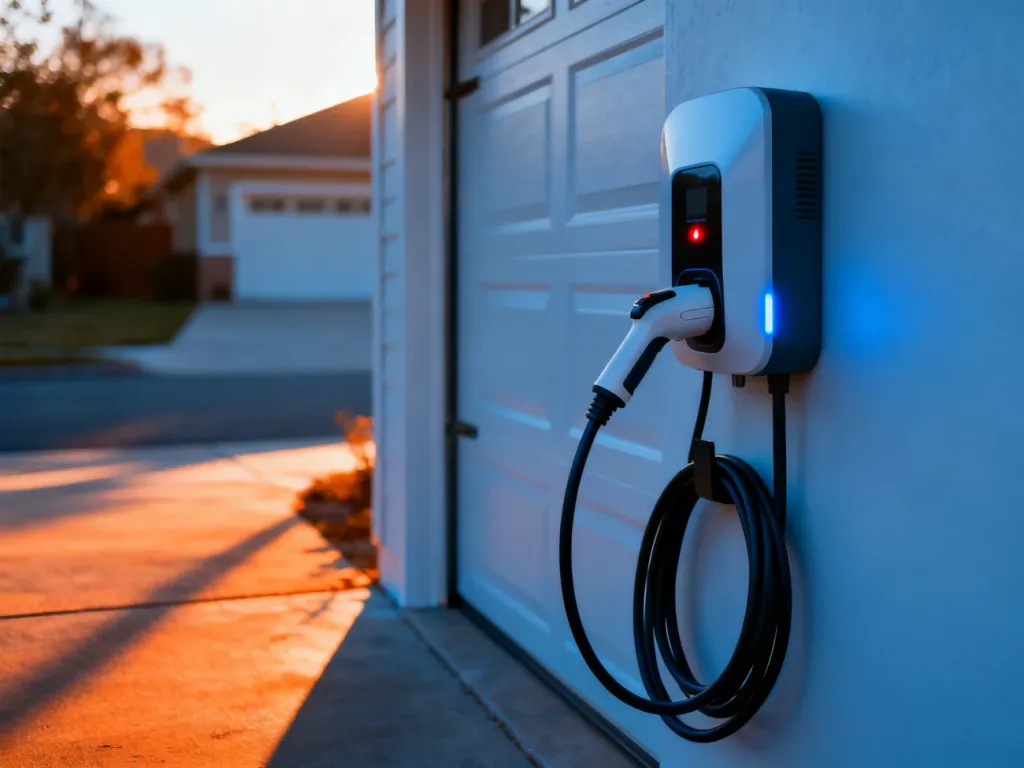 Nowoczesna stacja ładowania pojazdów elektrycznych zamontowana na ścianie garażu, gotowa do użytku.