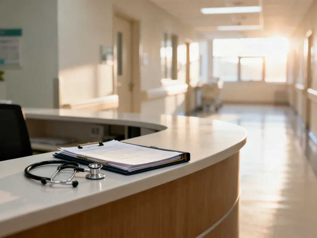 Recepcja nowoczesnej kliniki ze stetoskopem i dokumentami, symbolizująca dostęp do profesjonalnej opieki medycznej.