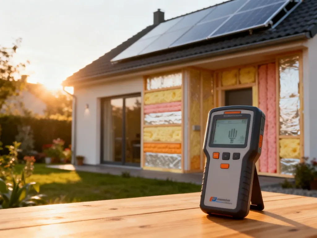 Nowoczesny dom z izolacją termiczną i panelem słonecznym oraz urządzenie do audytu energetycznego na drewnianym stole.