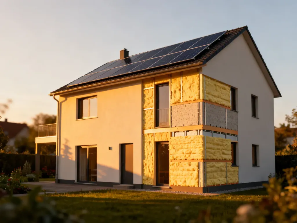 Szkic architektoniczny nowoczesnego, energooszczędnego domu z widocznymi warstwami izolacji termicznej i panelami słonecznymi.