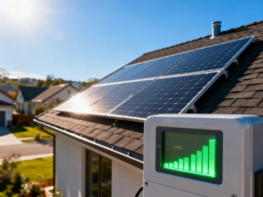 Nowoczesne panele fotowoltaiczne na dachu domu oraz cyfrowy licznik energii wskazujący produkcję prądu w słoneczny dzień.