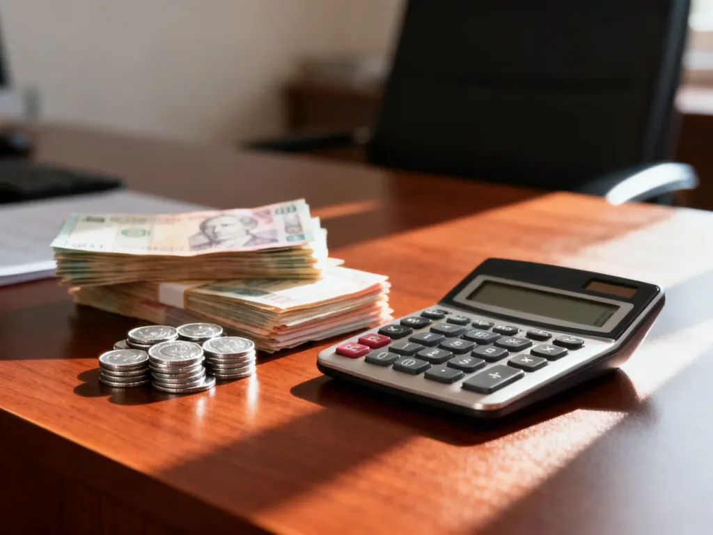 Kalkulator, banknoty i monety na biurku, symbolizujące obliczenia finansowe oraz rozliczenia podatkowe.