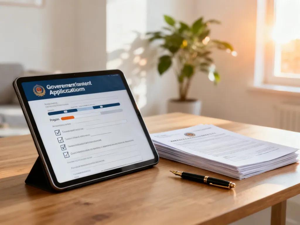 Tablet z wyświetlonym wnioskiem rządowym na biurku, symbolizujący proces składania wniosku 500 plus online.
