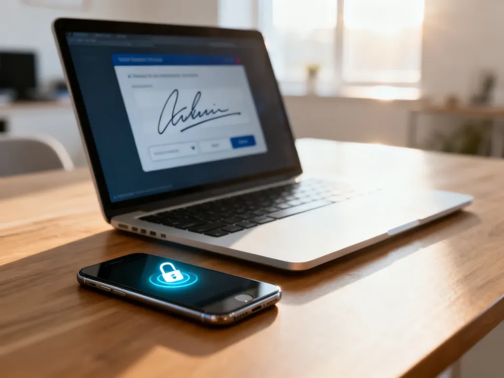 Ekran laptopa z panelem podpisu cyfrowego oraz smartfon z powiadomieniem o bezpiecznej autoryzacji na biurku.
