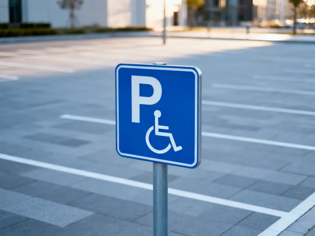 Niebieski znak miejsca parkingowego dla osób z niepełnosprawnością na nowoczesnym parkingu.