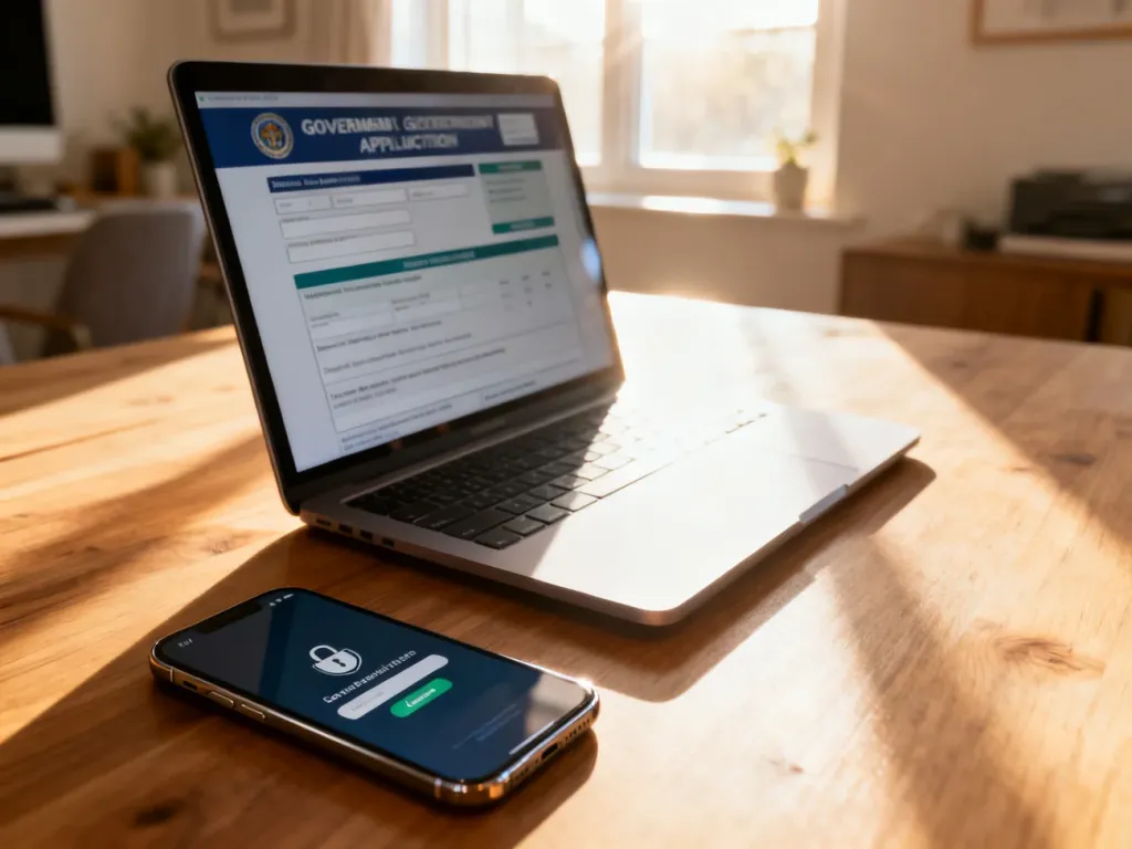 Laptop z otwartym formularzem rządowym i smartfon z powiadomieniem o logowaniu na biurku w domowym biurze.