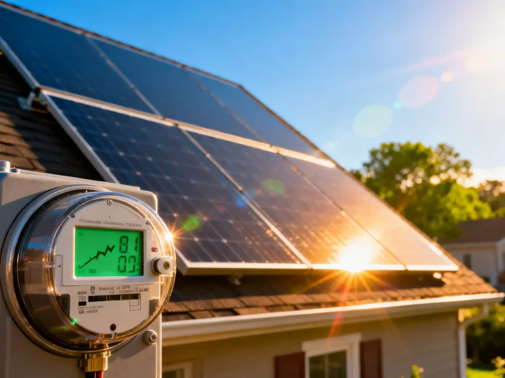 Nowoczesne panele fotowoltaiczne na dachu domu oraz licznik energii wskazujący wzrost produkcji prądu z instalacji.