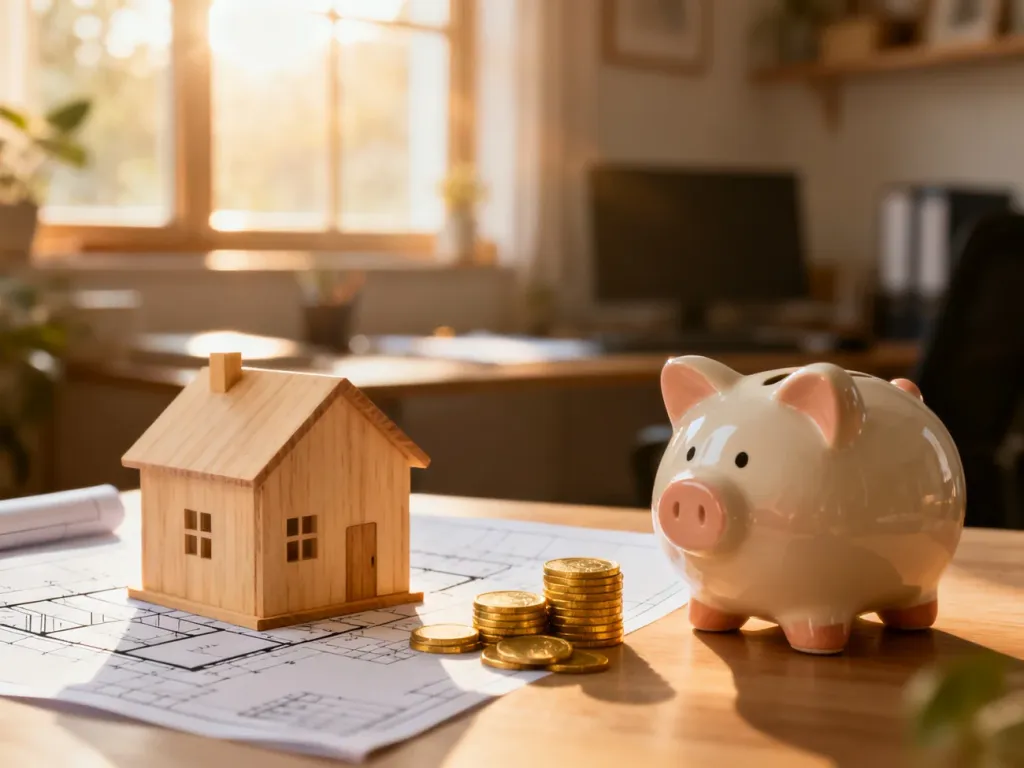 Model drewnianego domu na planach budowlanych z monetami i skarbonką, symbolizujący finansowanie zakupu własnego mieszkania.