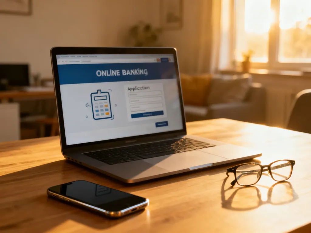 Ekran laptopa z formularzem bankowym oraz smartfon na biurku, ilustrujące proces składania wniosku o dodatek węglowy online.
