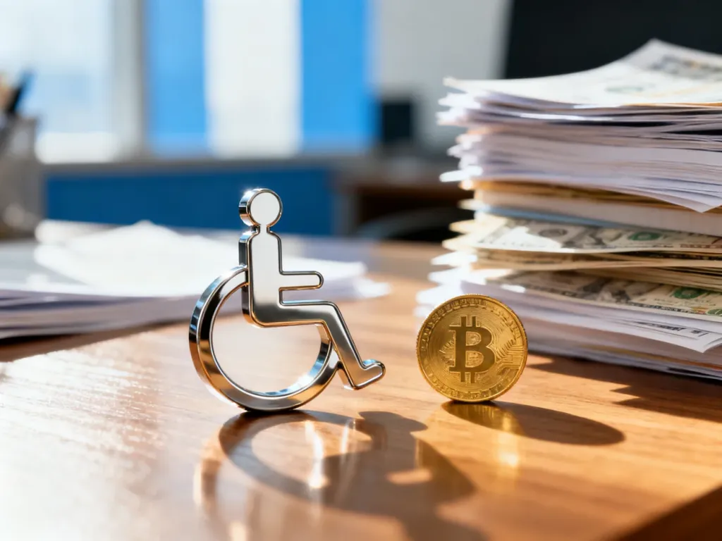 Ikona wózka inwalidzkiego na biurku z dokumentami finansowymi, symbolizująca wsparcie i dostępność dla osób z niepełnosprawnością.
