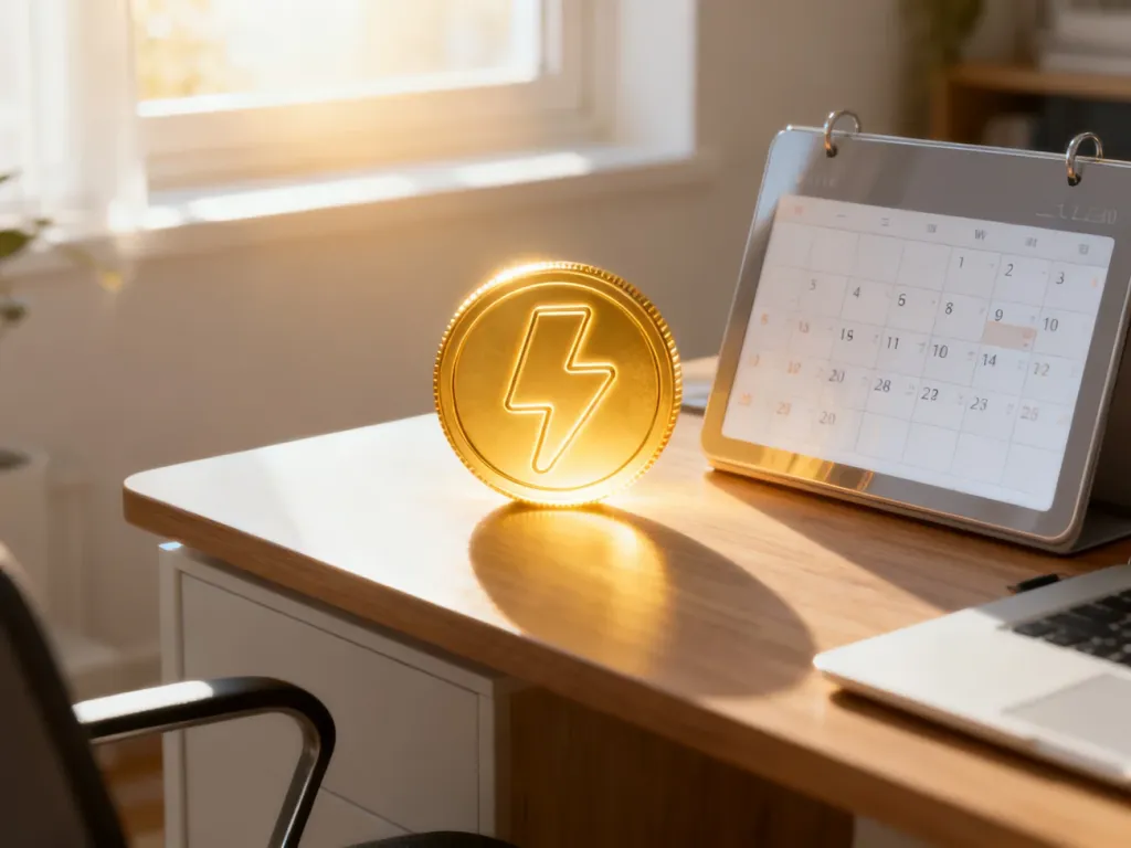 Złota ikona monety symbolizująca energię obok kalendarza na biurku, nawiązująca do terminów wypłat bonu energetycznego.