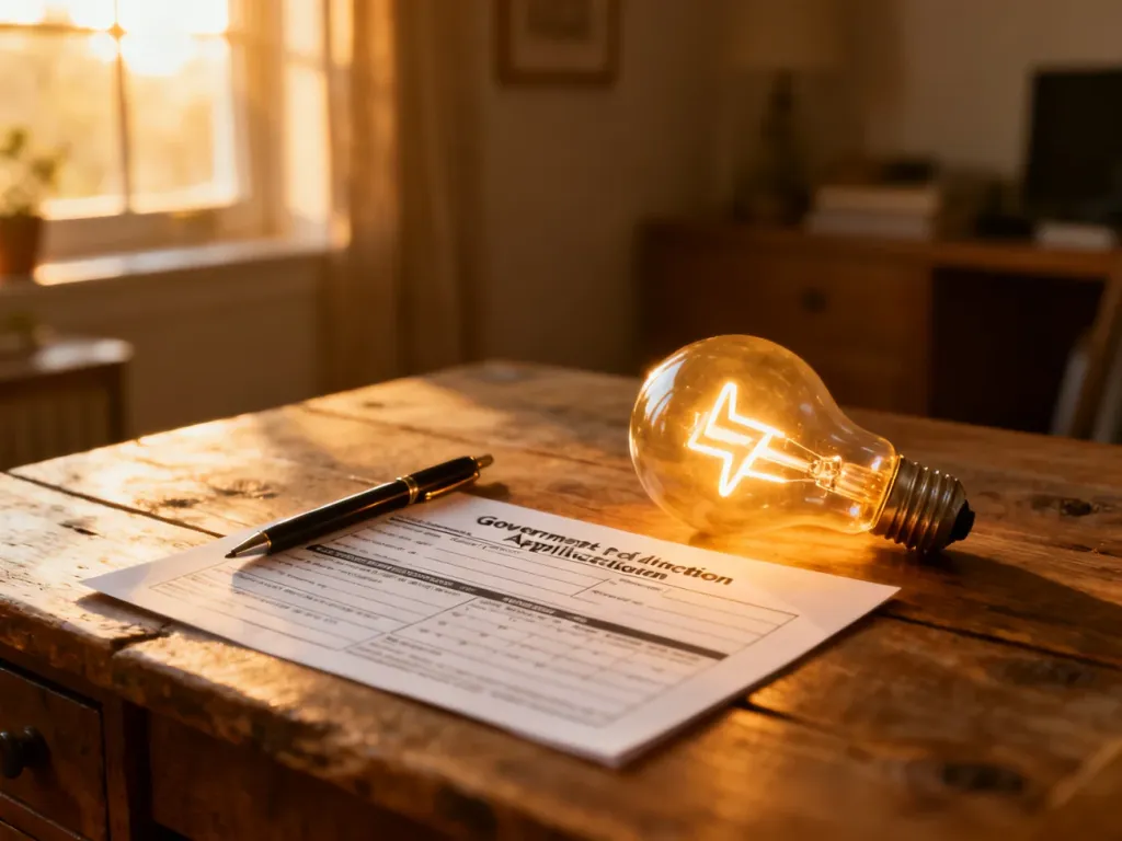Wypełniony wniosek o dodatek energetyczny leżący na biurku obok żarówki symbolizującej energię w przytulnym wnętrzu.