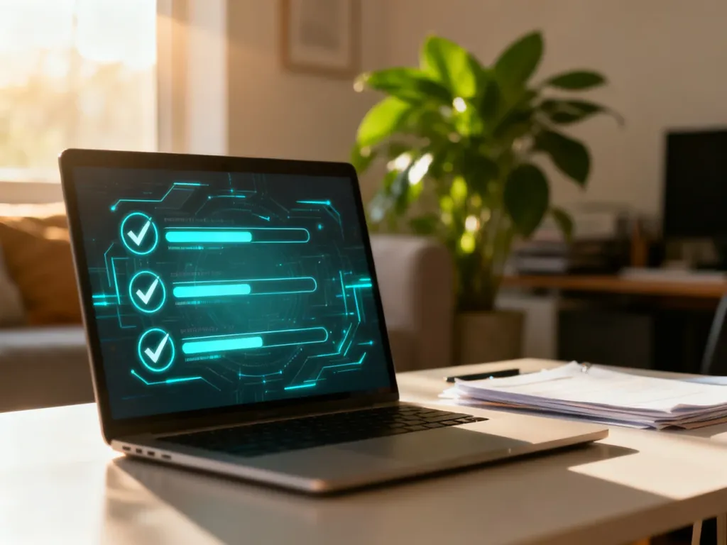 Nowoczesny laptop z cyfrowym panelem postępu, symbolizujący sprawdzanie statusu wniosku o bon energetyczny.