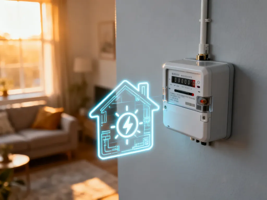 Nowoczesny licznik energii elektrycznej z ikoną oszczędności na tle przytulnego, słonecznego salonu.