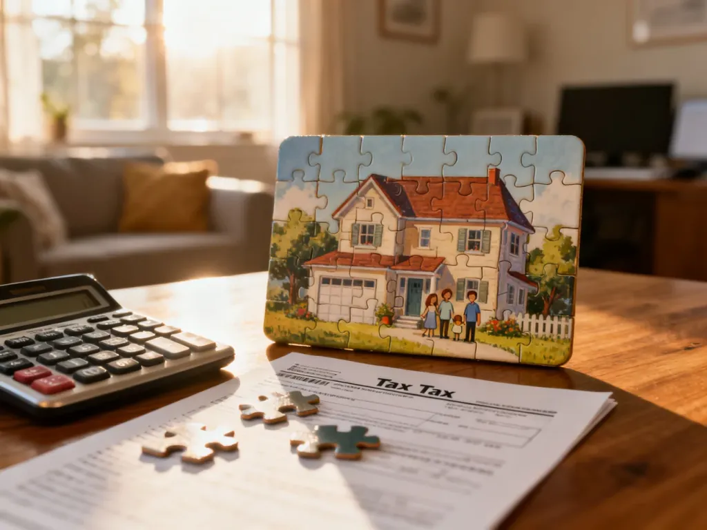 Puzzle w kształcie domu, kalkulator i dokumenty podatkowe na biurku, symbolizujące rozliczenie ulgi prorodzinnej.
