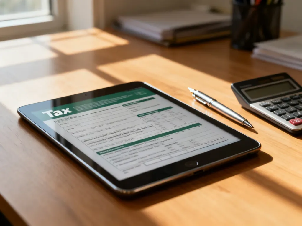 Tablet z formularzem podatkowym, kalkulator i pióro na biurku, symbolizujące proces rozliczania podatku dochodowego.