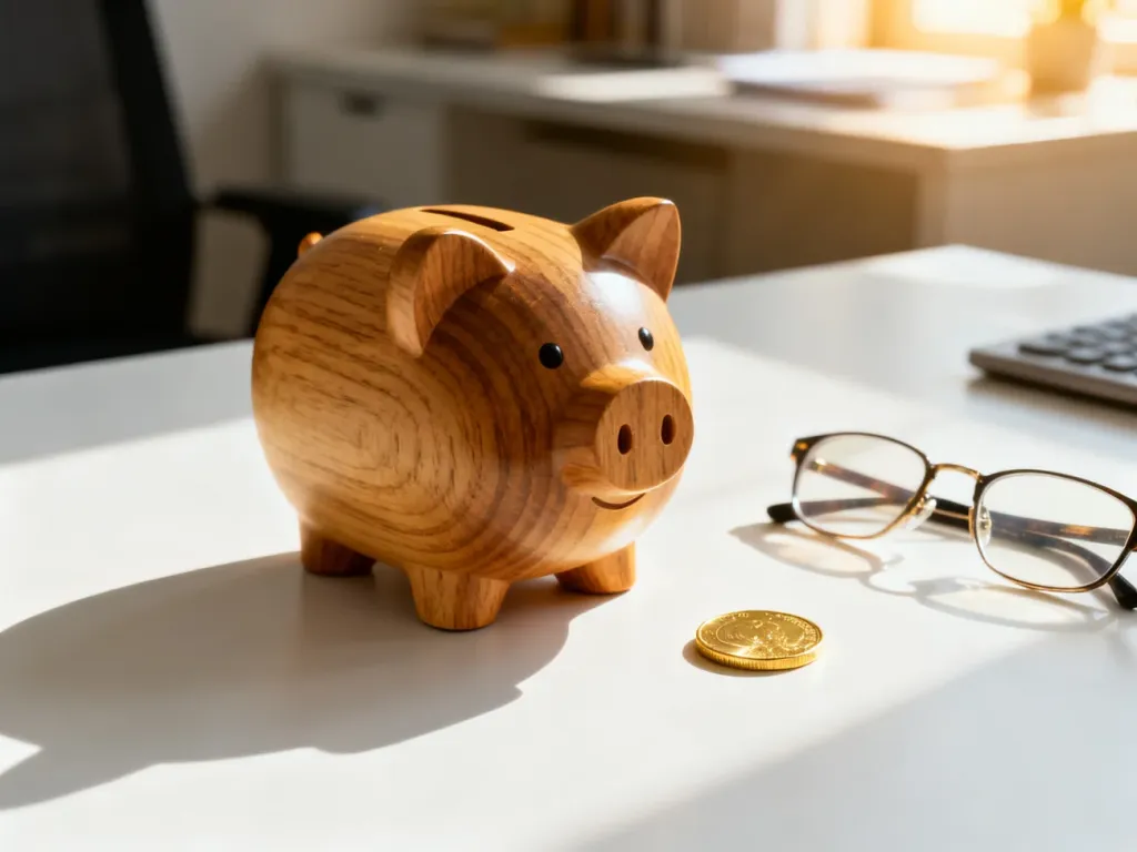 Drewniana skarbonka, moneta i okulary na biurku, symbolizujące planowanie finansowe i oszczędności związane z wychowaniem dziecka.