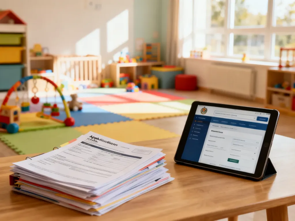 Dokumenty aplikacyjne i tablet z rządowym portalem na tle przytulnego wnętrza żłobka, gotowe do złożenia wniosku o wsparcie.