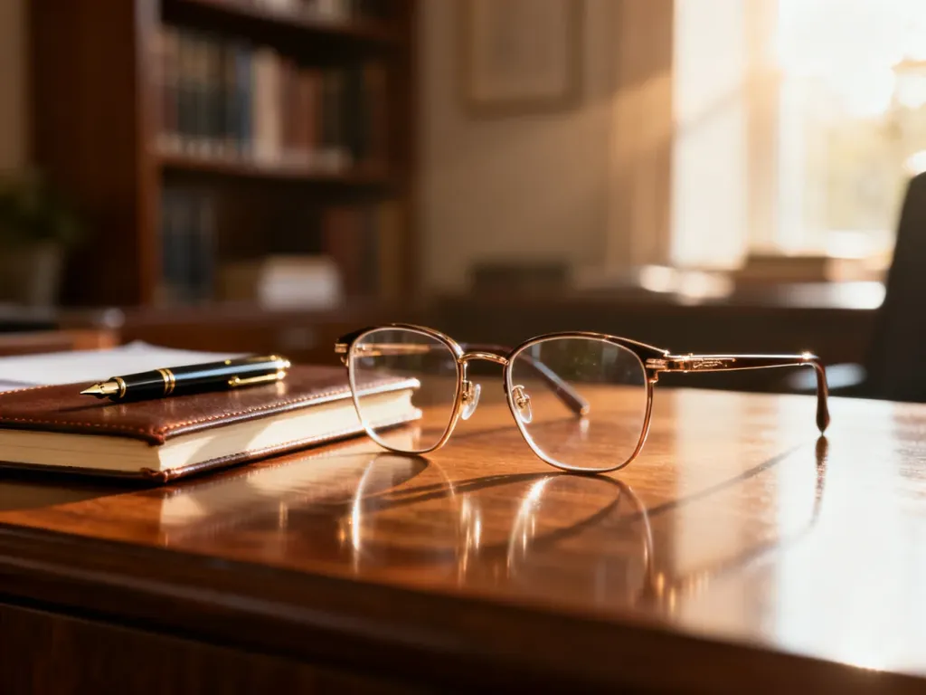 Eleganckie okulary do czytania, notatnik i pióro na biurku, symbolizujące czas na planowanie budżetu i korzystanie ze zniżek.