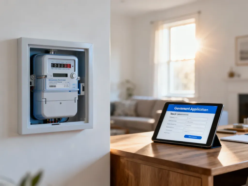 Nowoczesny licznik prądu oraz tablet z otwartym formularzem wniosku o dopłatę do energii w przytulnym wnętrzu.