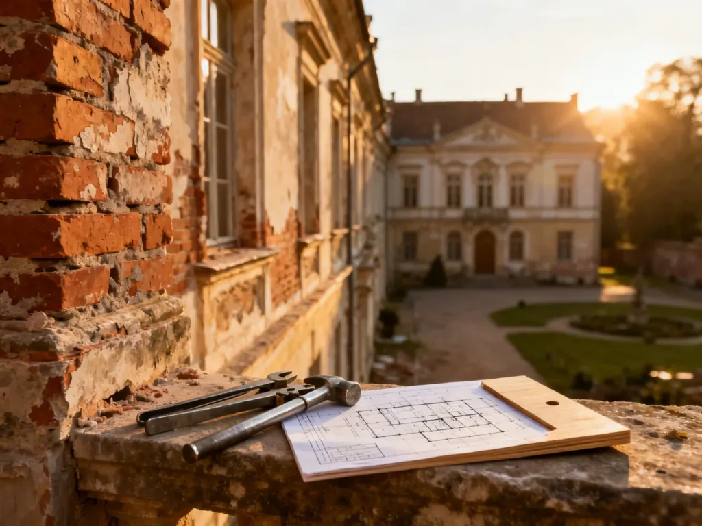 Odrestaurowywana fasada zabytkowego budynku z narzędziami konserwatorskimi i planem architektonicznym na pierwszym planie.
