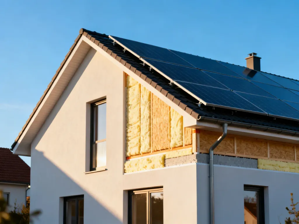 Nowoczesny dom z panelami słonecznymi i widoczną izolacją termiczną elewacji, podkreślający efektywność energetyczną budynku.