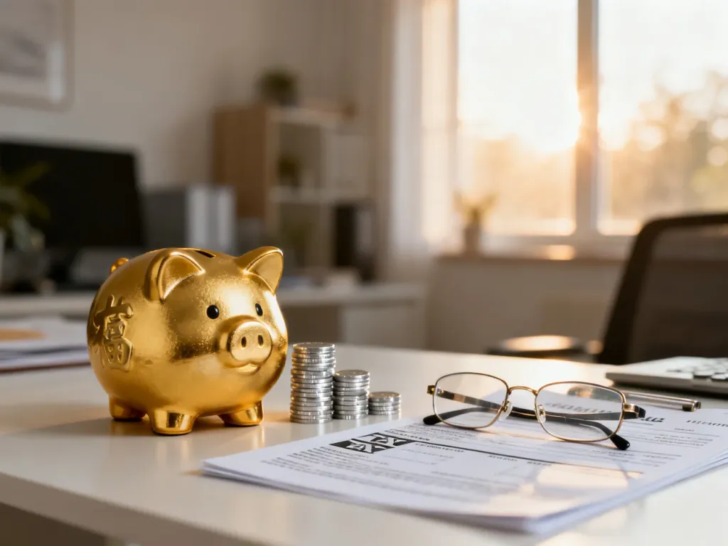 Złota skarbonka, monety i okulary na dokumentach podatkowych, symbolizujące planowanie finansów na emeryturze.