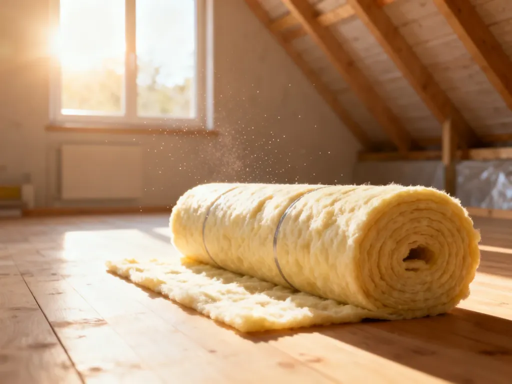 Nowoczesne poddasze z rolkami materiału izolacyjnego przygotowanymi do ocieplenia stropu w słoneczny poranek.