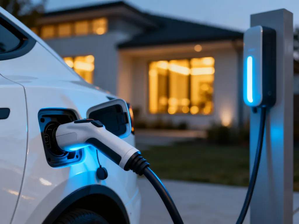 Biały samochód elektryczny ładowany przy nowoczesnej stacji domowej w wieczornej scenerii.